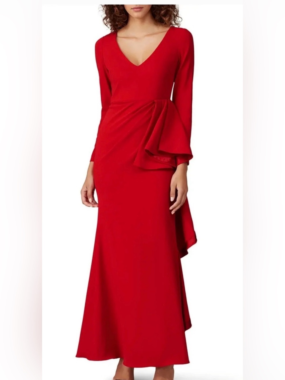 Badgley Mischka V-Neck Red Long Sleeve Evening Dress with Draped Detail NWOT
